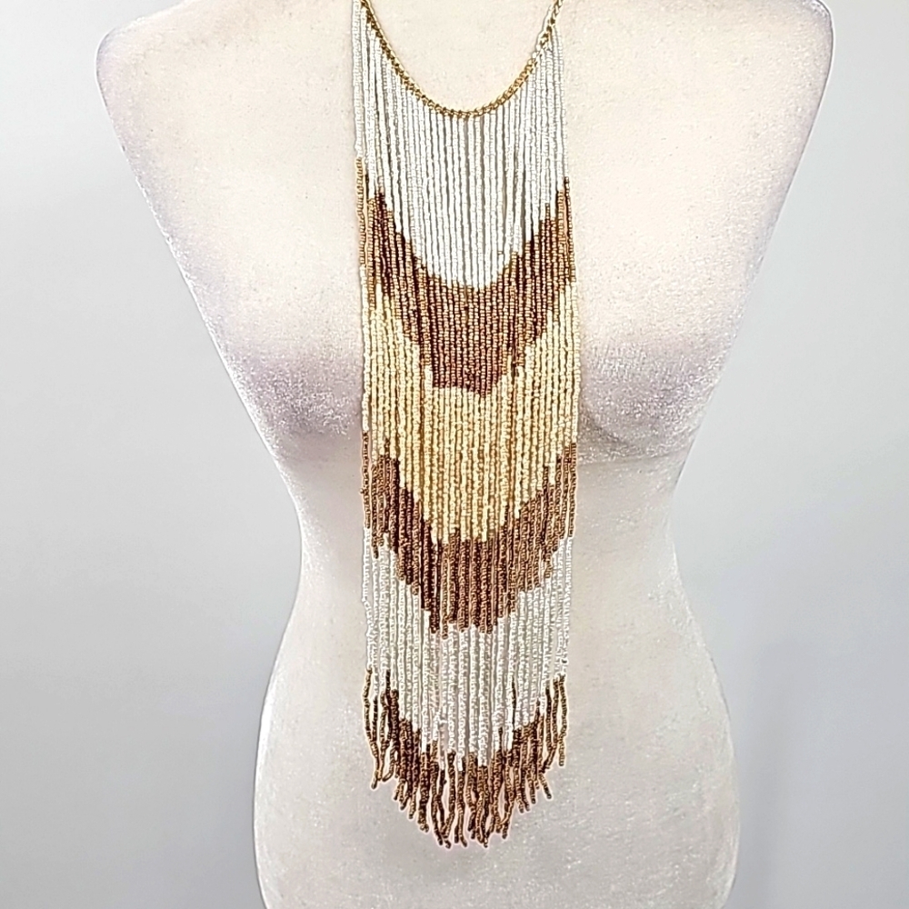 Long‎ Ethnic Beaded Boho Statement Necklace White & Gold